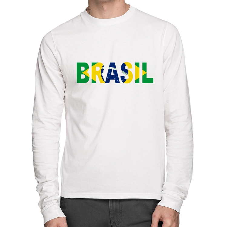 Camiseta Algodão Bandeira Brasil Letras Manga Longa - Branca