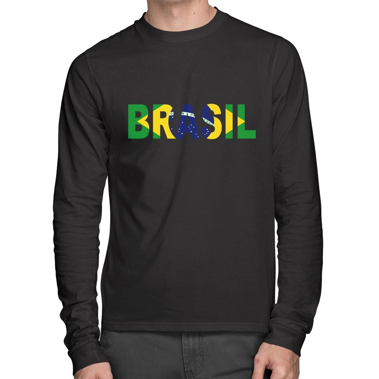 Camiseta Algodão Bandeira Brasil Letras Manga Longa