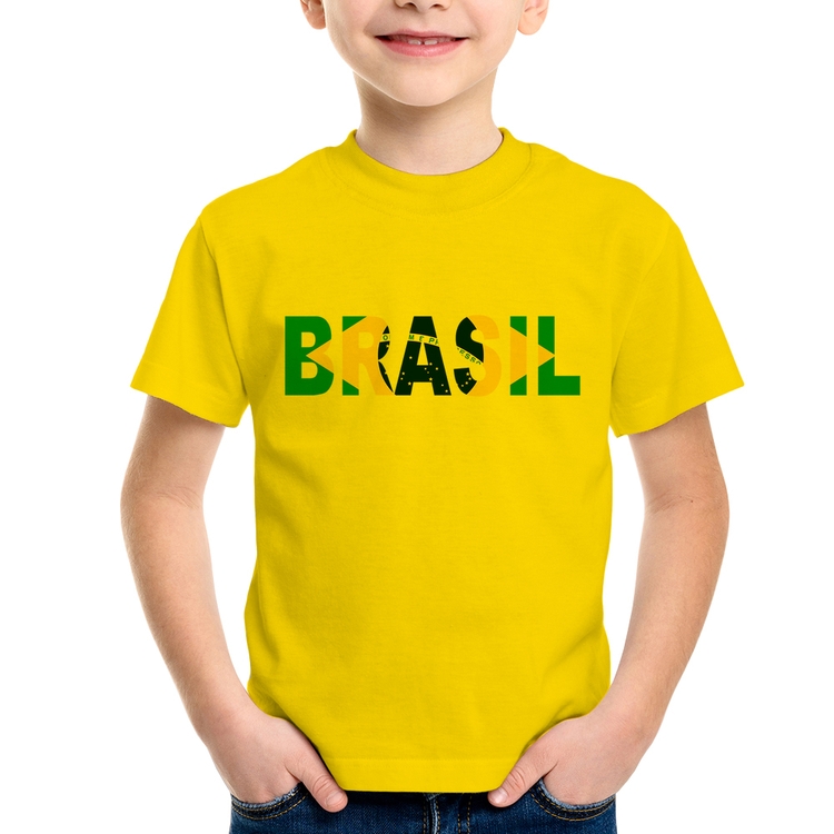 Camiseta Infantil Bandeira Brasil Letras - Amarela