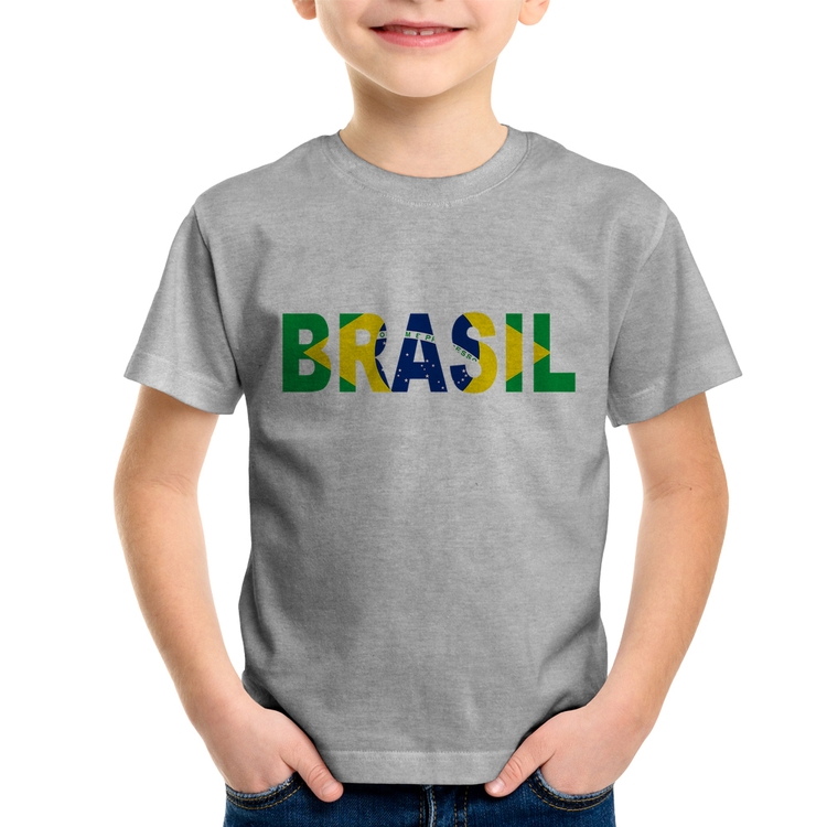 Camiseta Infantil Bandeira Brasil Letras - Cinza
