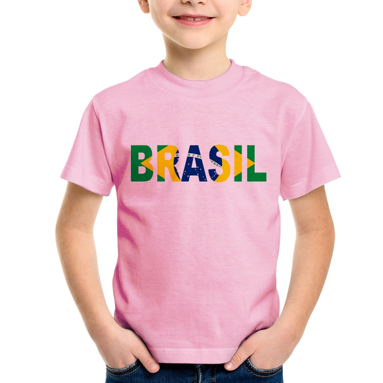 Camiseta Infantil Bandeira Brasil Letras - Rosa Bebê