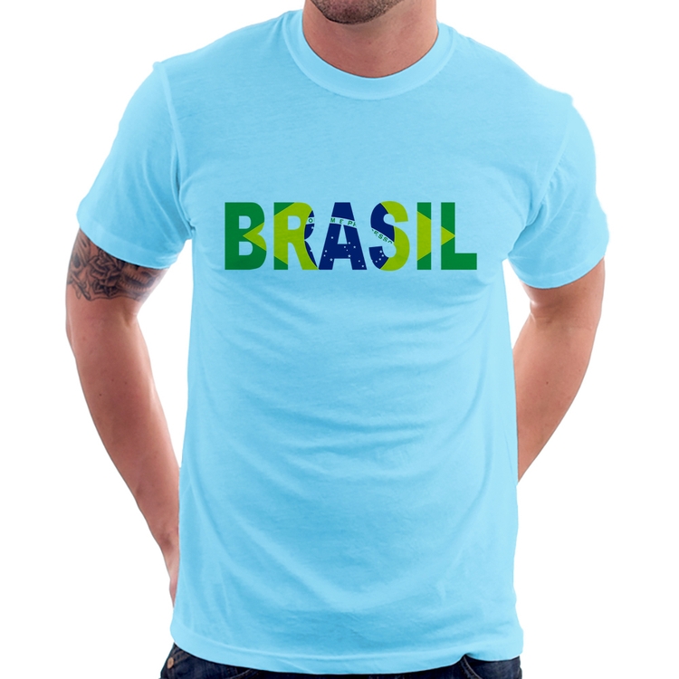 Camiseta Bandeira Brasil Letras - Azul Bebê