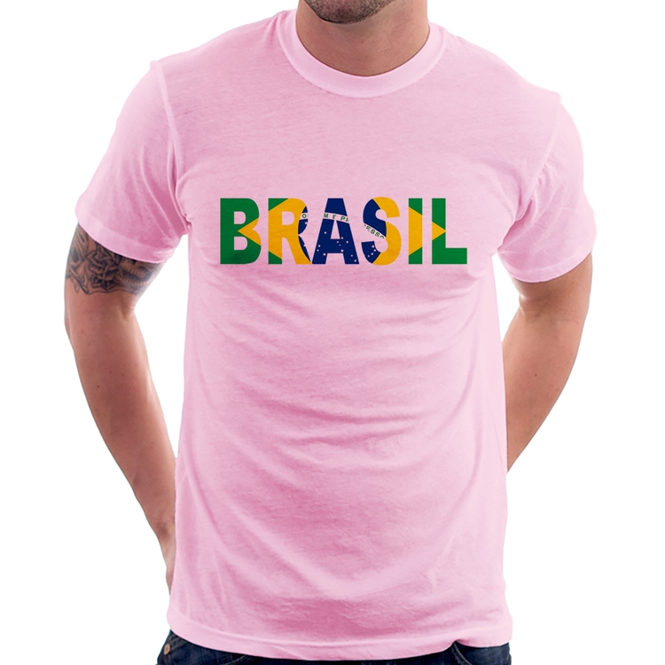 Camiseta Bandeira Brasil Letras - Rosa Bebê