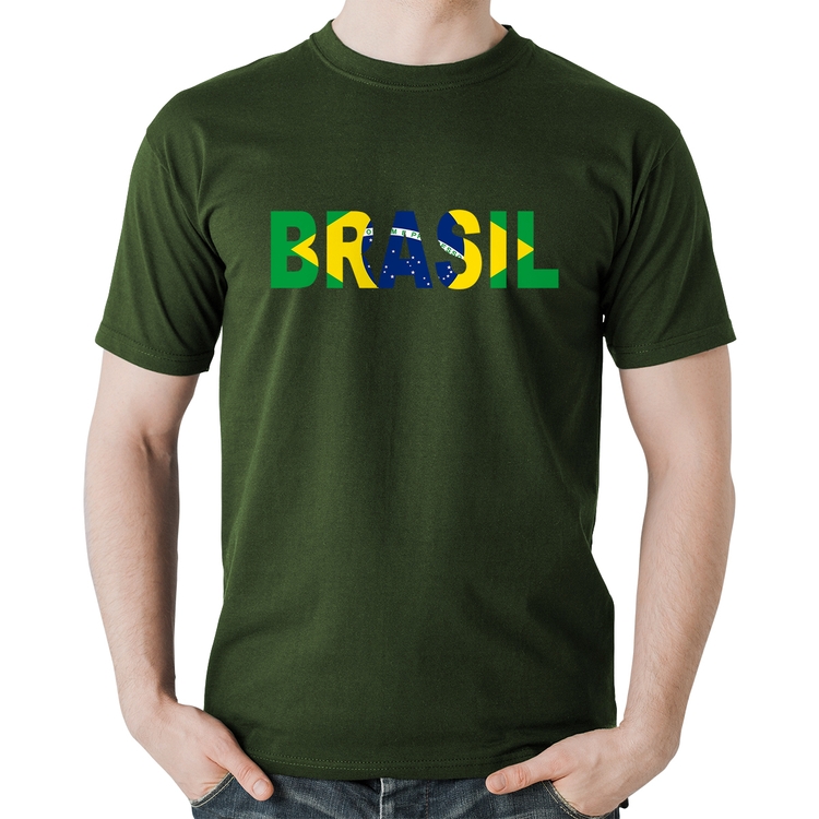 Camiseta Algodão Bandeira Brasil Letras - Musgo