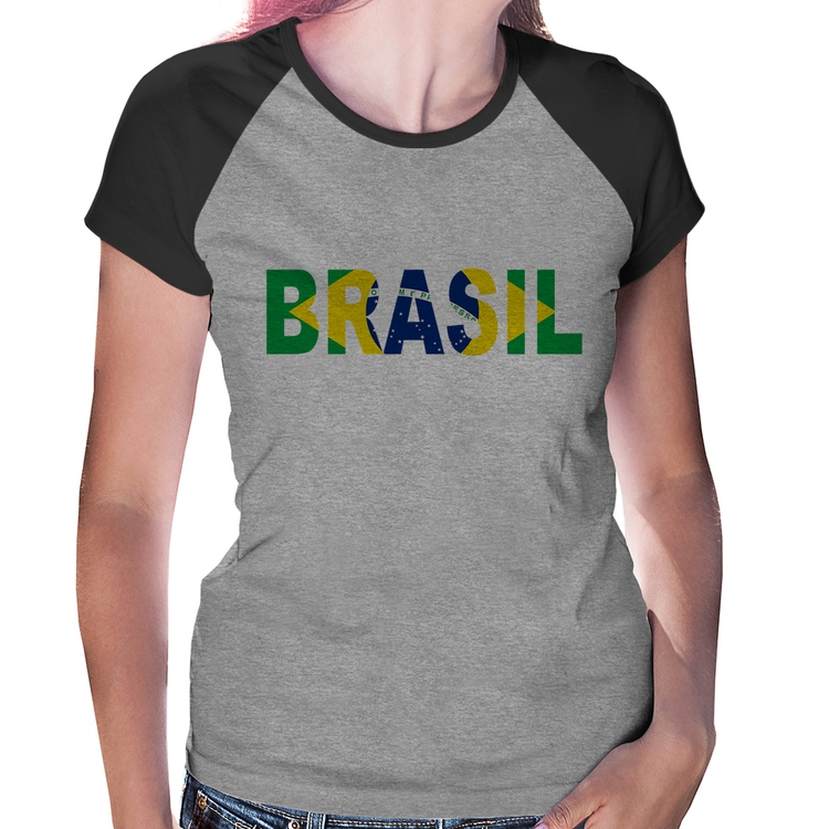 Baby Look Raglan Bandeira Brasil Letras - Cinza/Preto