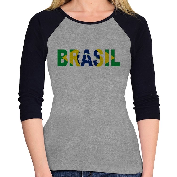 Baby Look Raglan Bandeira Brasil Letras Manga 3/4 - Cinza/Preto