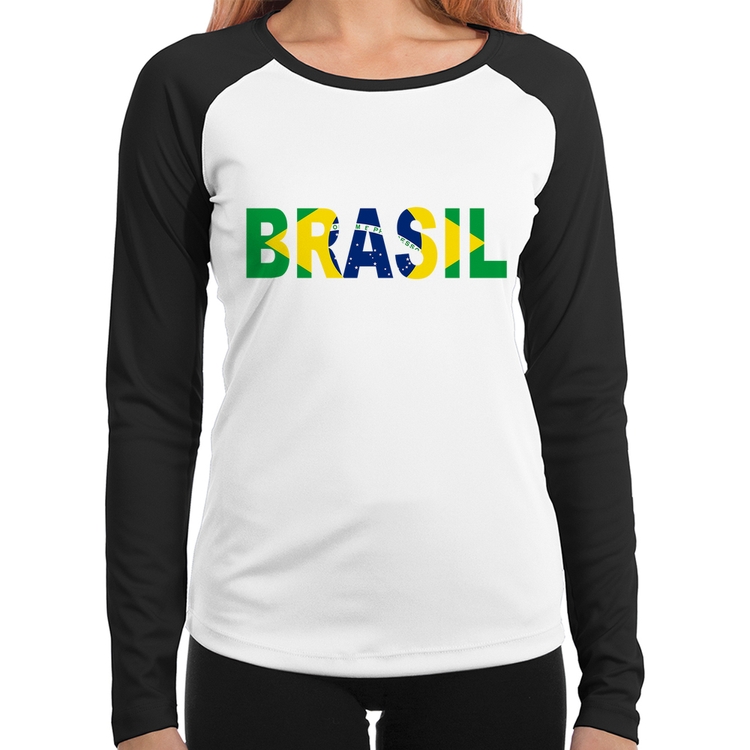 Baby Look Raglan Bandeira Brasil Letras Manga Longa
