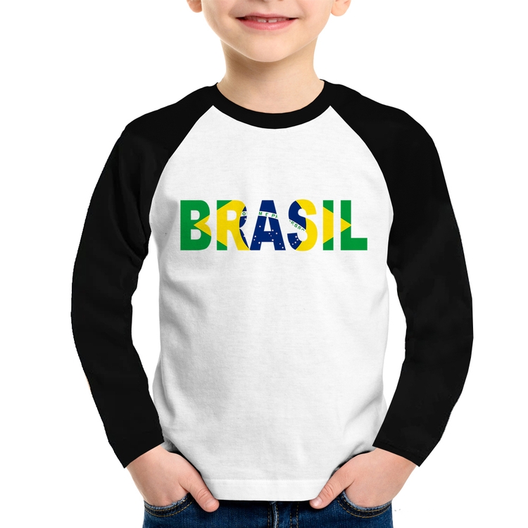 Camiseta Raglan Infantil Bandeira Brasil Letras Manga Longa