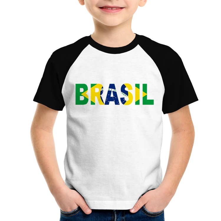 Camiseta Raglan Infantil Bandeira Brasil Letras
