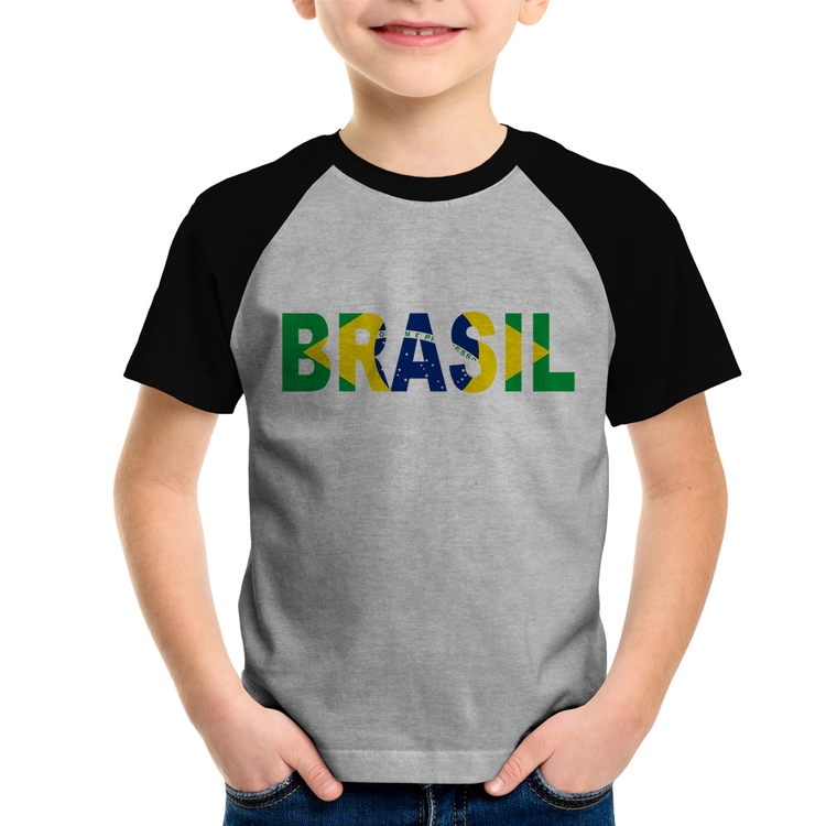 Camiseta Raglan Infantil Bandeira Brasil Letras - Cinza/Preto