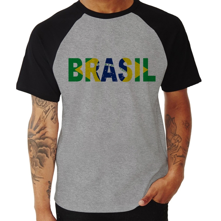 Camiseta Raglan Bandeira Brasil Letras - Cinza/Preto