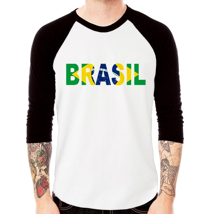 Camiseta Raglan Bandeira Brasil Letras Manga 3/4