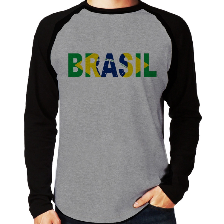 Camiseta Raglan Bandeira Brasil Letras Manga Longa - Cinza/Preto