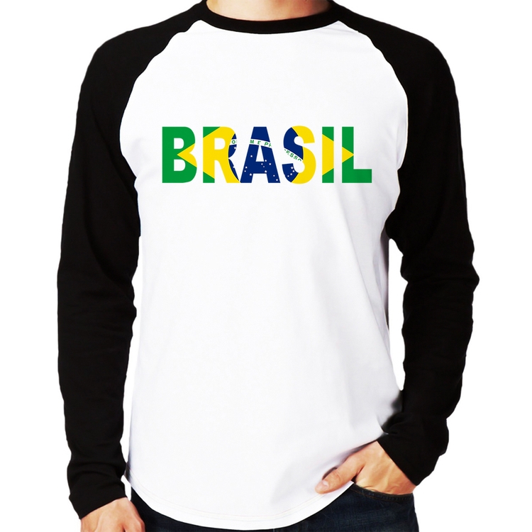 Camiseta Raglan Bandeira Brasil Letras Manga Longa