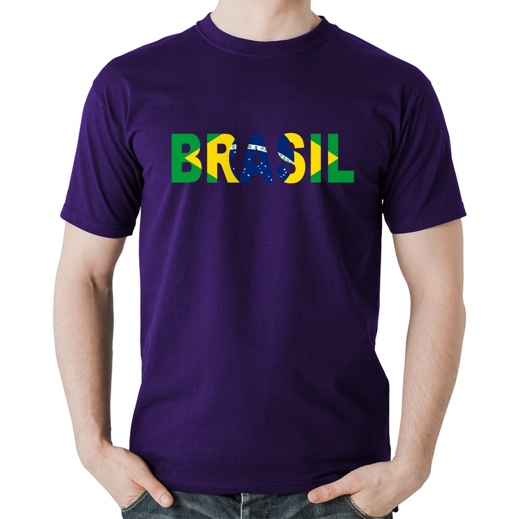 Camiseta Algodão Bandeira Brasil Letras - Roxa