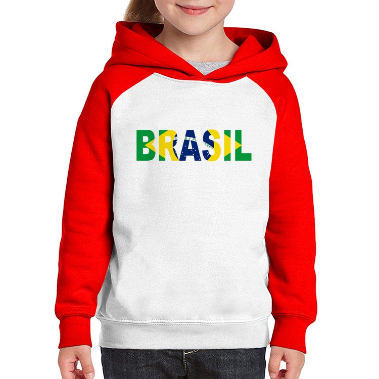 Moletom Infantil Bandeira Brasil Letras - Branco/Vermelho