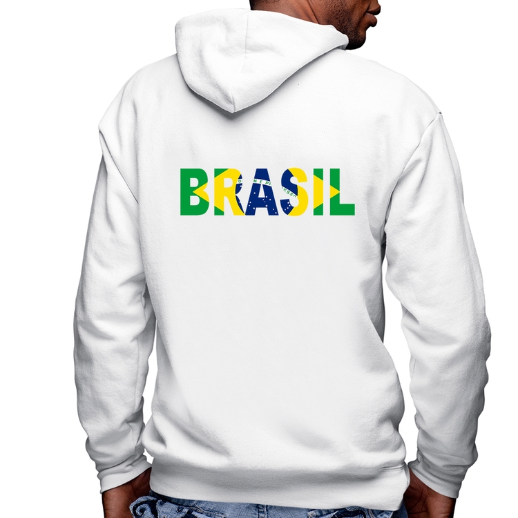 Blusa Moletom Bandeira Brasil Letras Masculina com Capuz e Zíper - Branca