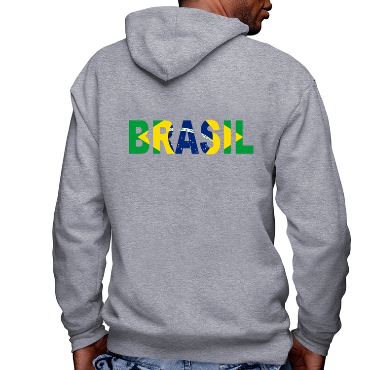 Blusa Moletom Bandeira Brasil Letras Masculina com Capuz e Zíper - Mescla