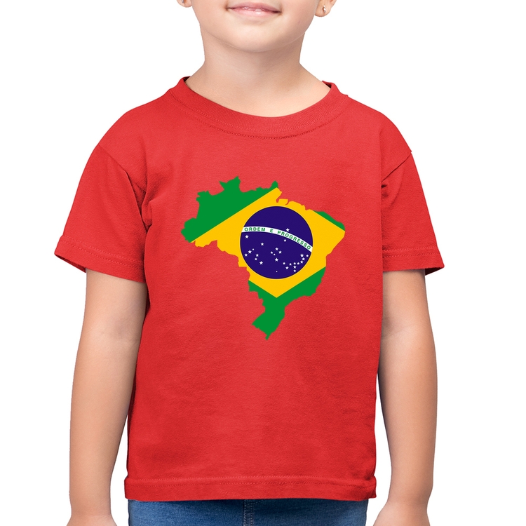 Camiseta Algodão Infantil Bandeira Brasil Mapa - Vermelha