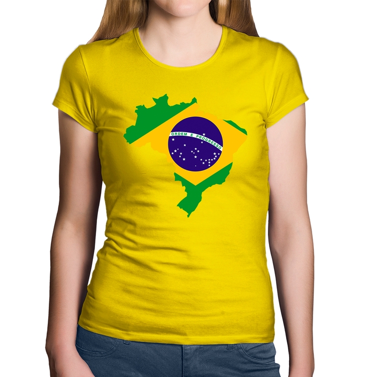 Baby Look Algodão Bandeira Brasil Mapa - Amarela