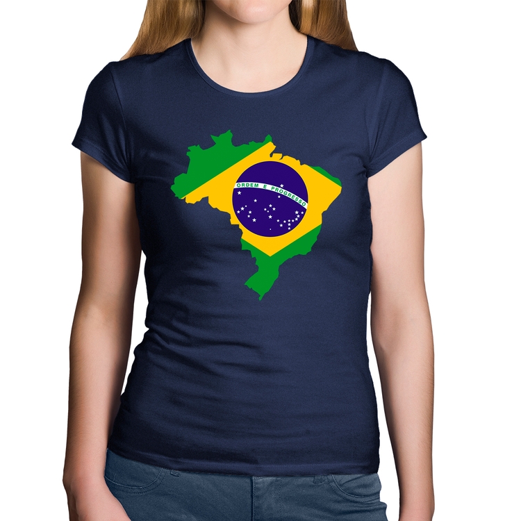 Baby Look Algodão Bandeira Brasil Mapa - Marinho