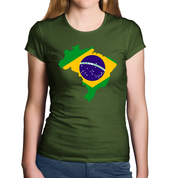 Baby Look Algodão Bandeira Brasil Mapa - Musgo