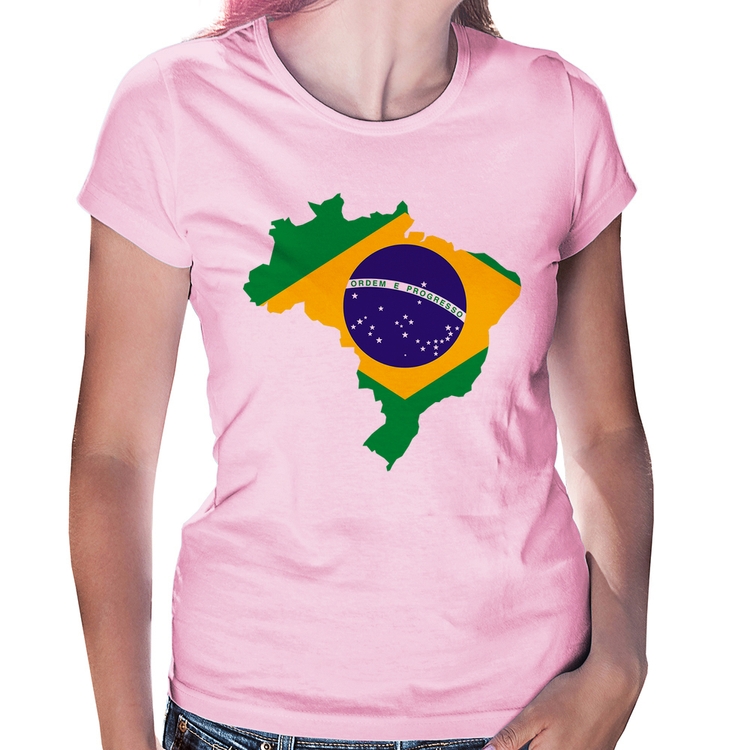 Baby Look Bandeira Brasil Mapa - Rosa Bebê