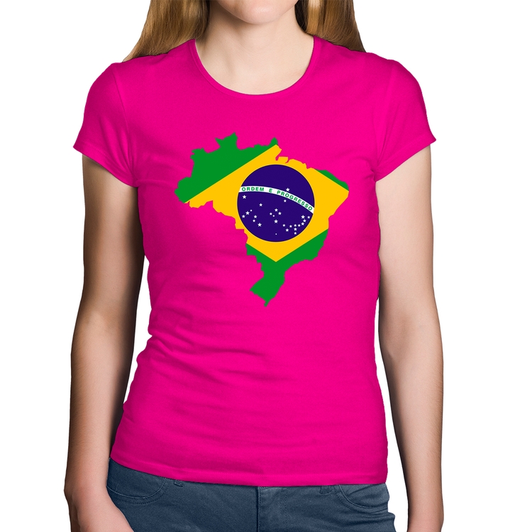 Baby Look Algodão Bandeira Brasil Mapa - Rosa