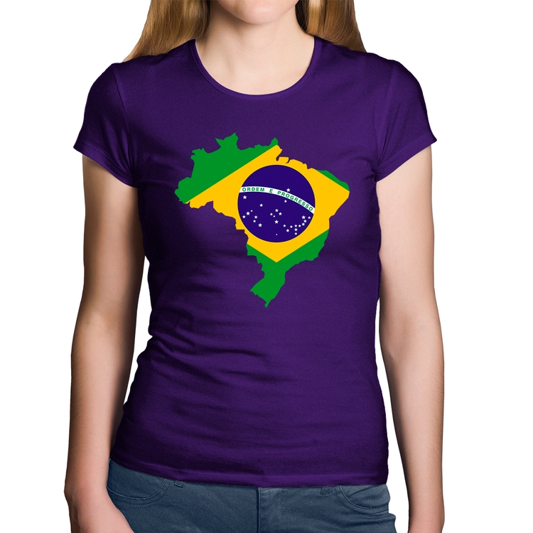 Baby Look Algodão Bandeira Brasil Mapa - Roxa