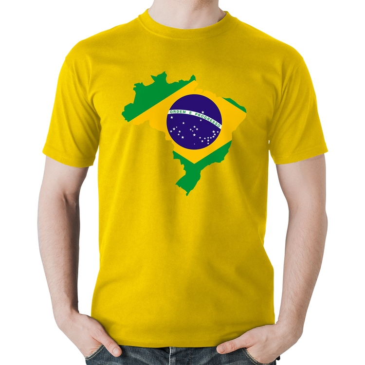 Camiseta Algodão Bandeira Brasil Mapa - Amarela