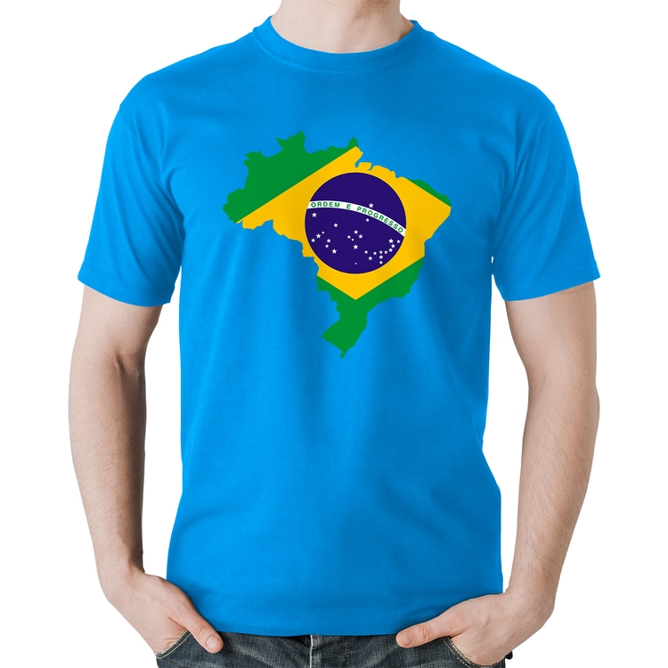 Camiseta Algodão Bandeira Brasil Mapa - Azul