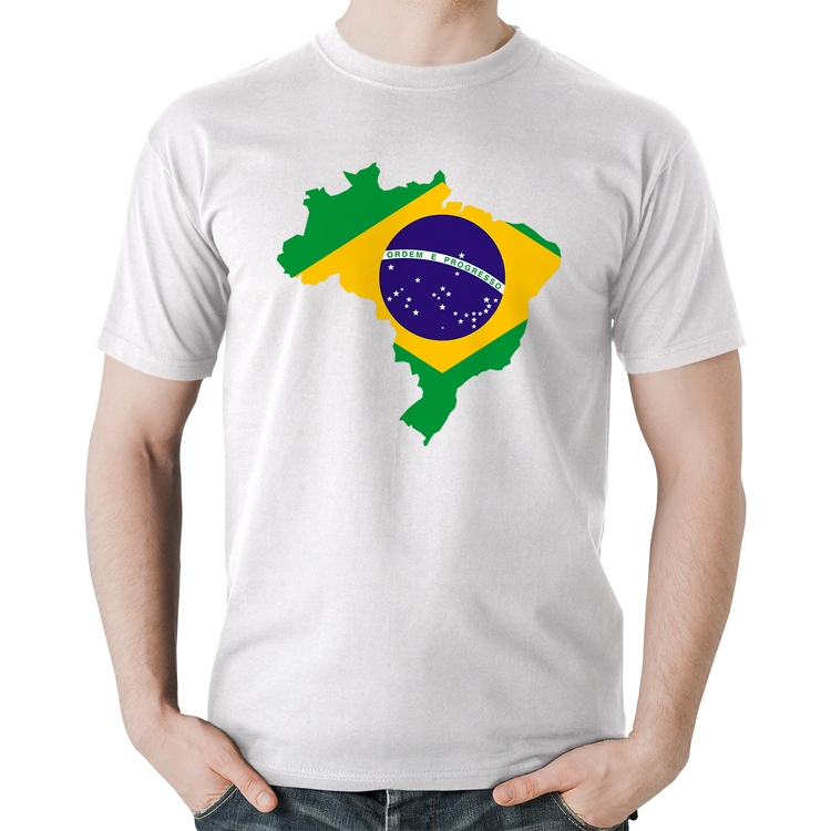 Camiseta Algodão Bandeira Brasil Mapa - Branca