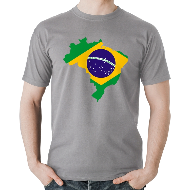 Camiseta Algodão Bandeira Brasil Mapa - Cinza