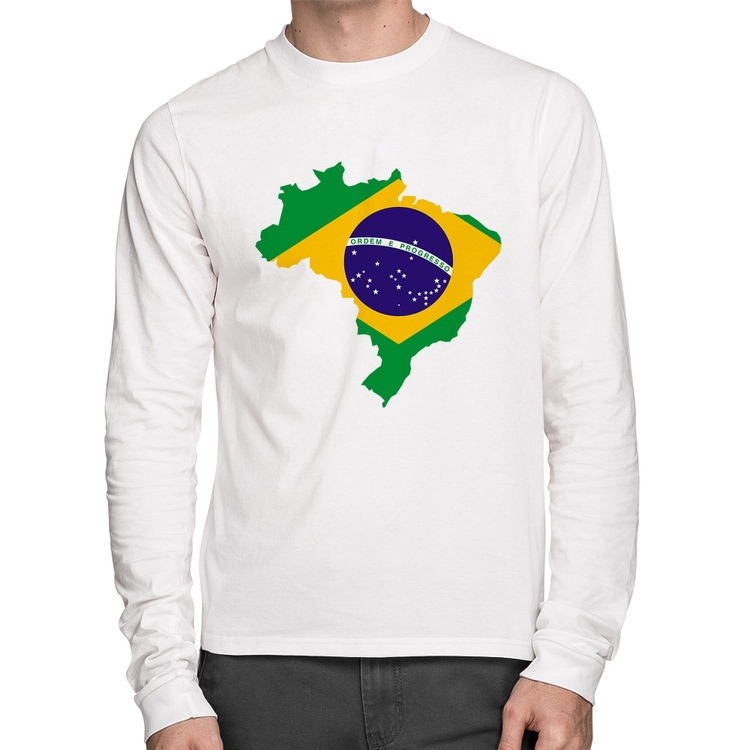Camiseta Algodão Bandeira Brasil Mapa Manga Longa - Branca
