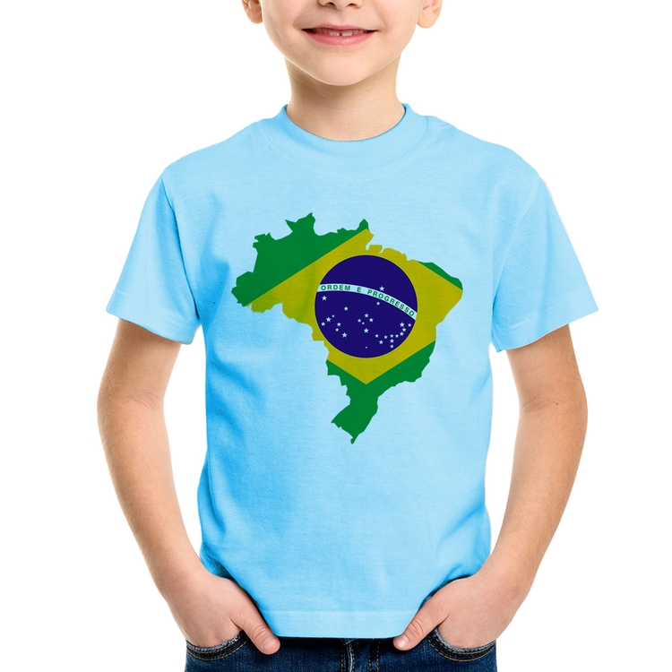 Camiseta Infantil Bandeira Brasil Mapa - Azul Bebê