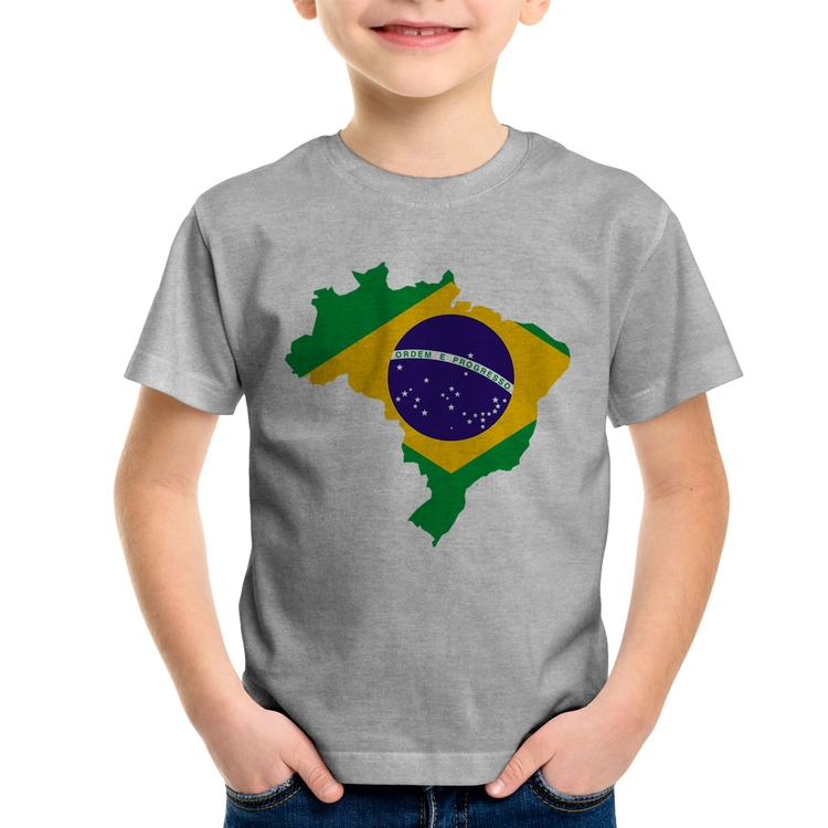 Camiseta Infantil Bandeira Brasil Mapa - Cinza