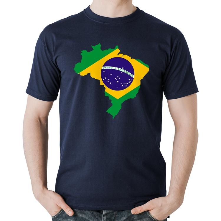 Camiseta Algodão Bandeira Brasil Mapa - Marinho