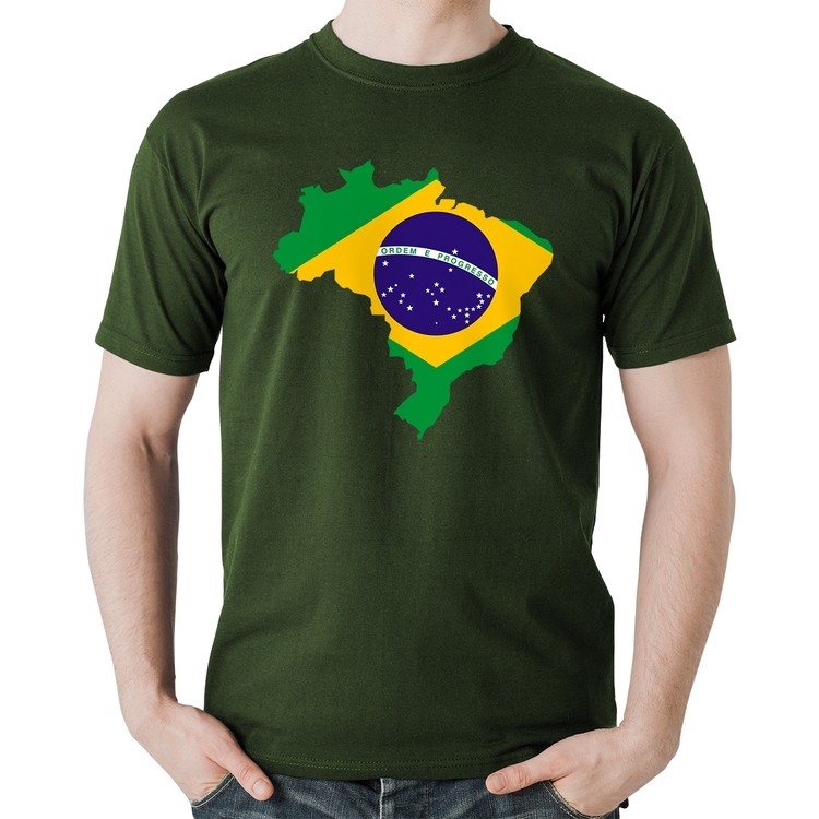 Camiseta Algodão Bandeira Brasil Mapa - Musgo