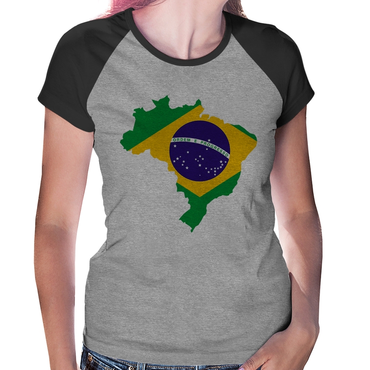 Baby Look Raglan Bandeira Brasil Mapa - Cinza/Preto
