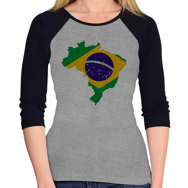 Baby Look Raglan Bandeira Brasil Mapa Manga 3/4 - Cinza/Preto