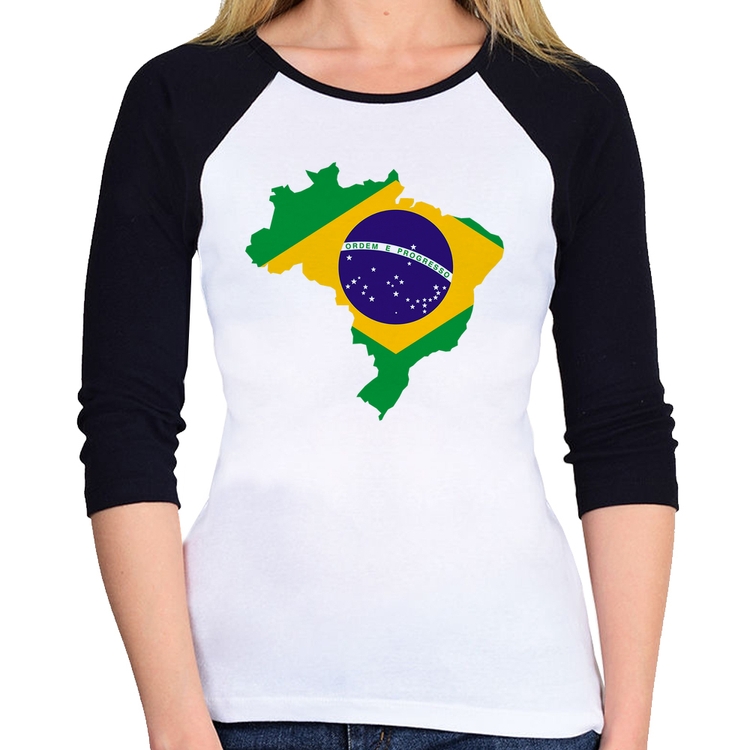 Baby Look Raglan Bandeira Brasil Mapa Manga 3/4