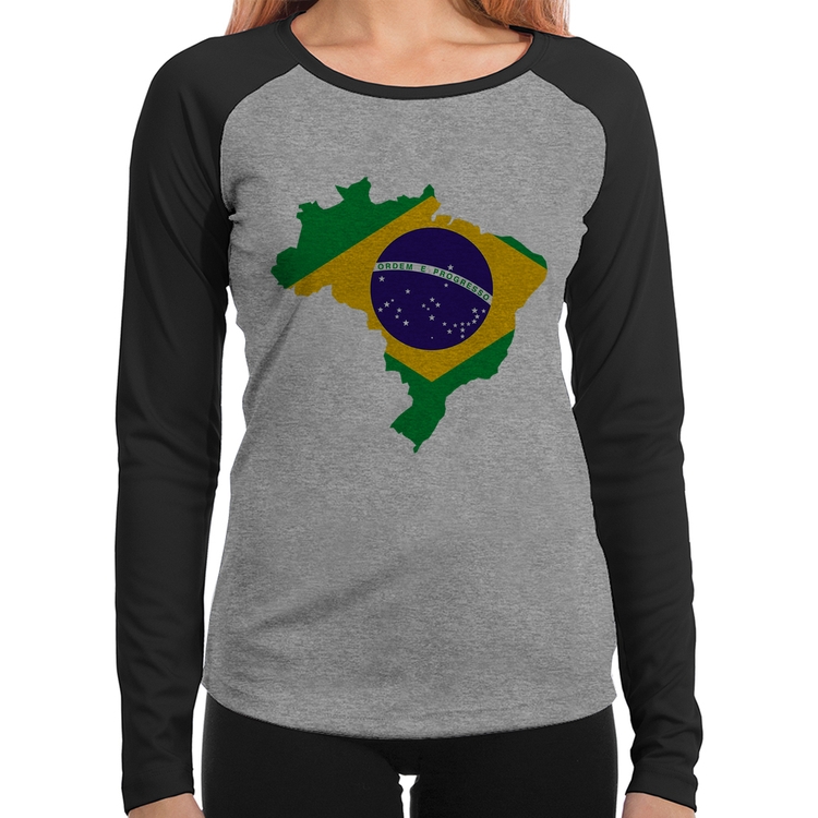 Baby Look Raglan Bandeira Brasil Mapa Manga Longa - Cinza/Preto