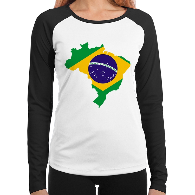 Baby Look Raglan Bandeira Brasil Mapa Manga Longa