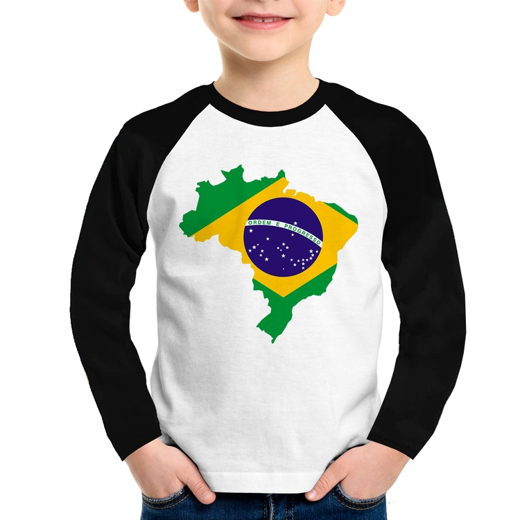 Camiseta Raglan Infantil Bandeira Brasil Mapa Manga Longa
