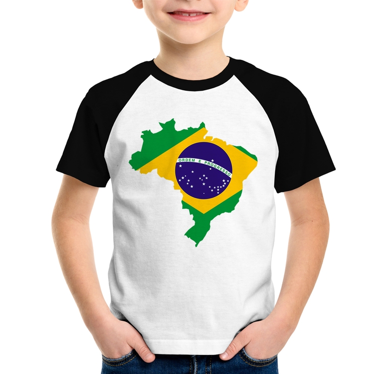 Camiseta Raglan Infantil Bandeira Brasil Mapa