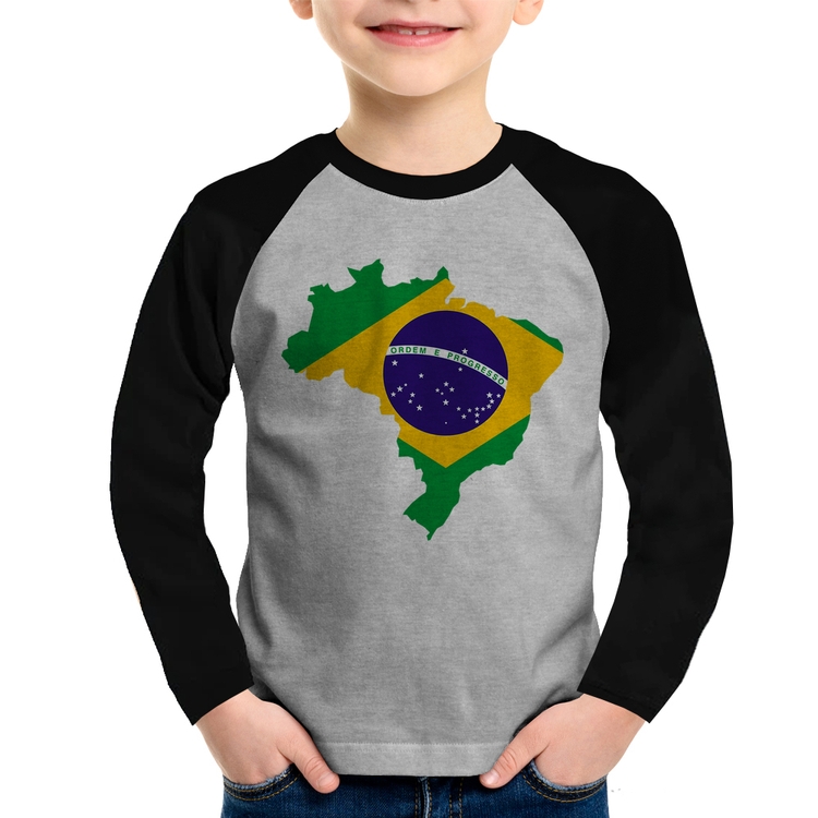 Camiseta Raglan Infantil Bandeira Brasil Mapa Manga Longa - Cinza/Preto