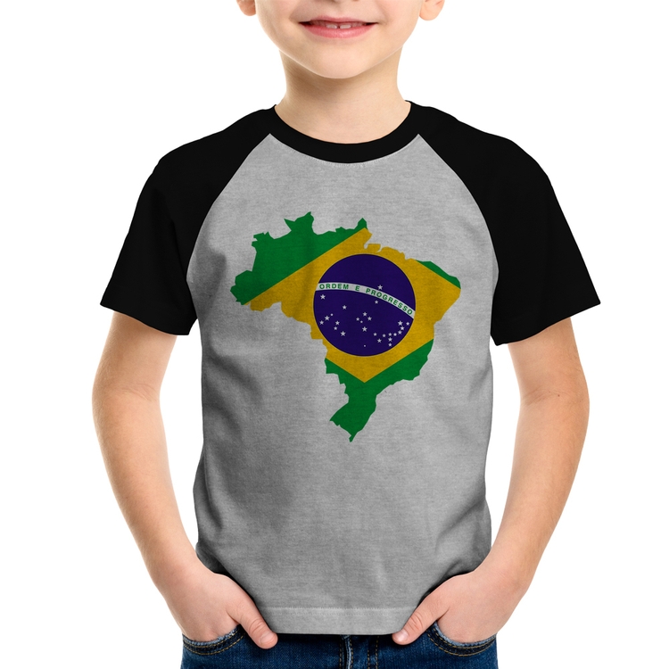 Camiseta Raglan Infantil Bandeira Brasil Mapa - Cinza/Preto