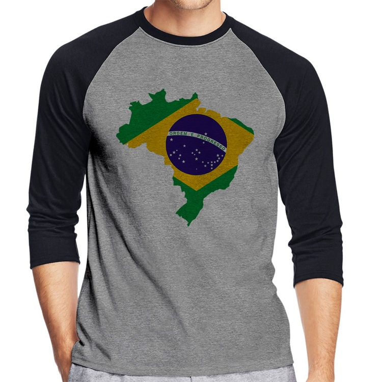 Camiseta Raglan Bandeira Brasil Mapa Manga 3/4 - Cinza/Preto