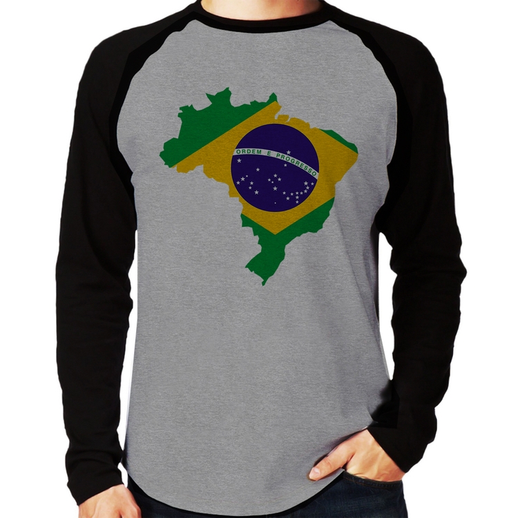Camiseta Raglan Bandeira Brasil Mapa Manga Longa - Cinza/Preto