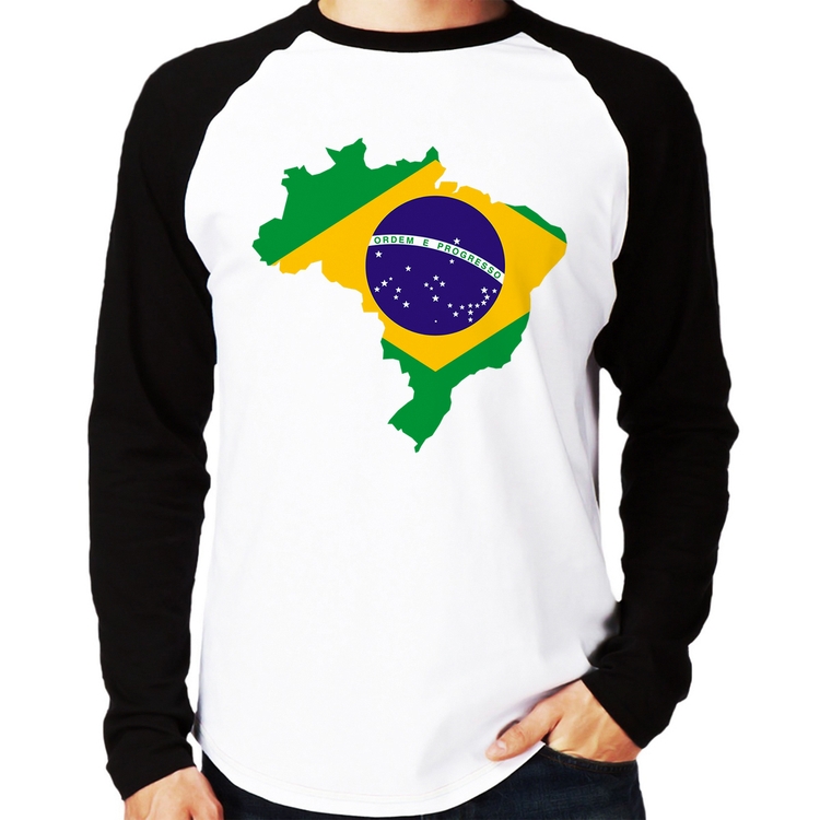 Camiseta Raglan Bandeira Brasil Mapa Manga Longa